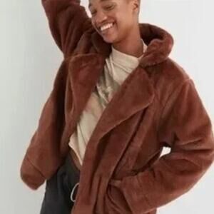 Aerie Neutral Brown Open Front Lined Cozy Faux Fur Jacket Coat Plus Size XXL